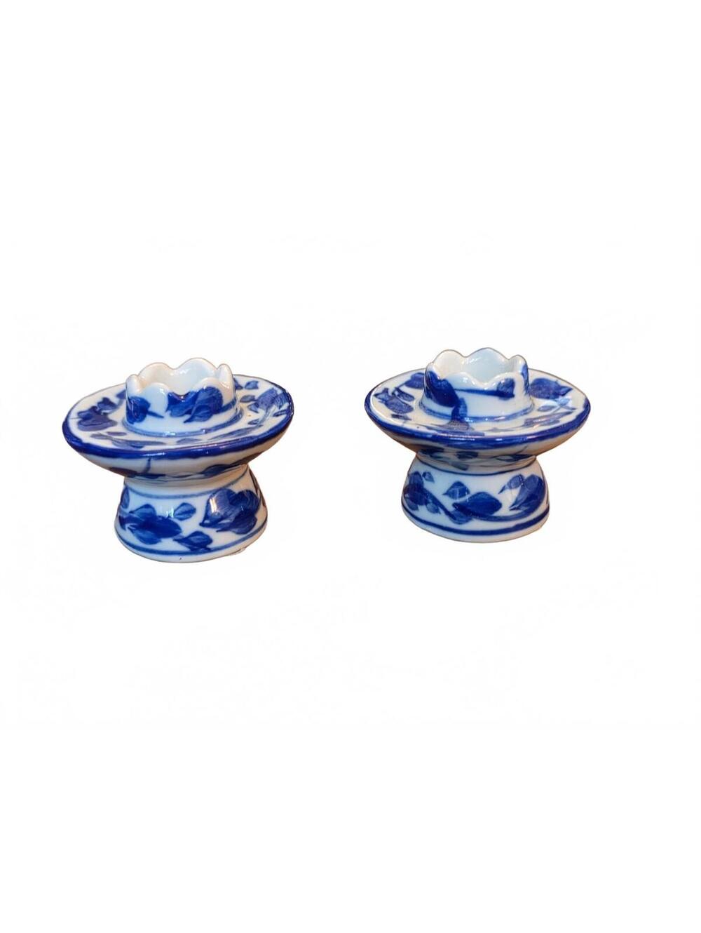 Vintage Blue and White Floral Ceramic Taper Candle Holders Pair Made in Thailand